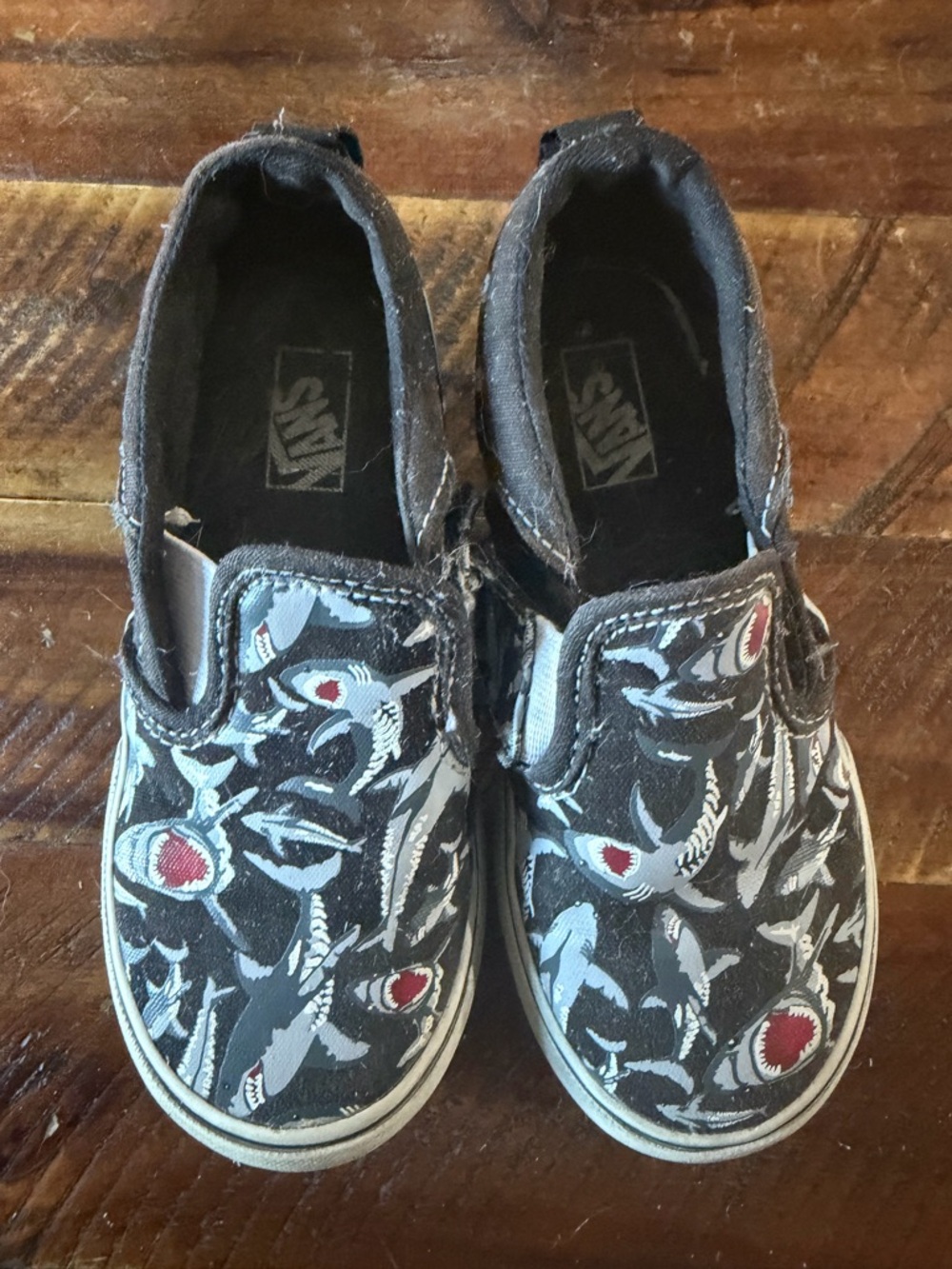 Vans Kids Slip-On Sneakers - Black, White, Red Shark Print